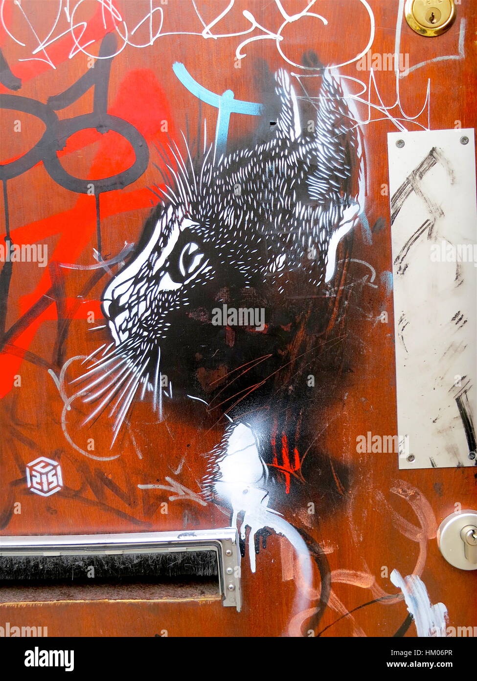 Street art by C215, Christian Guemy. Cat stencil on a red door in  Shoreditch, London Stock Photo - Alamy
