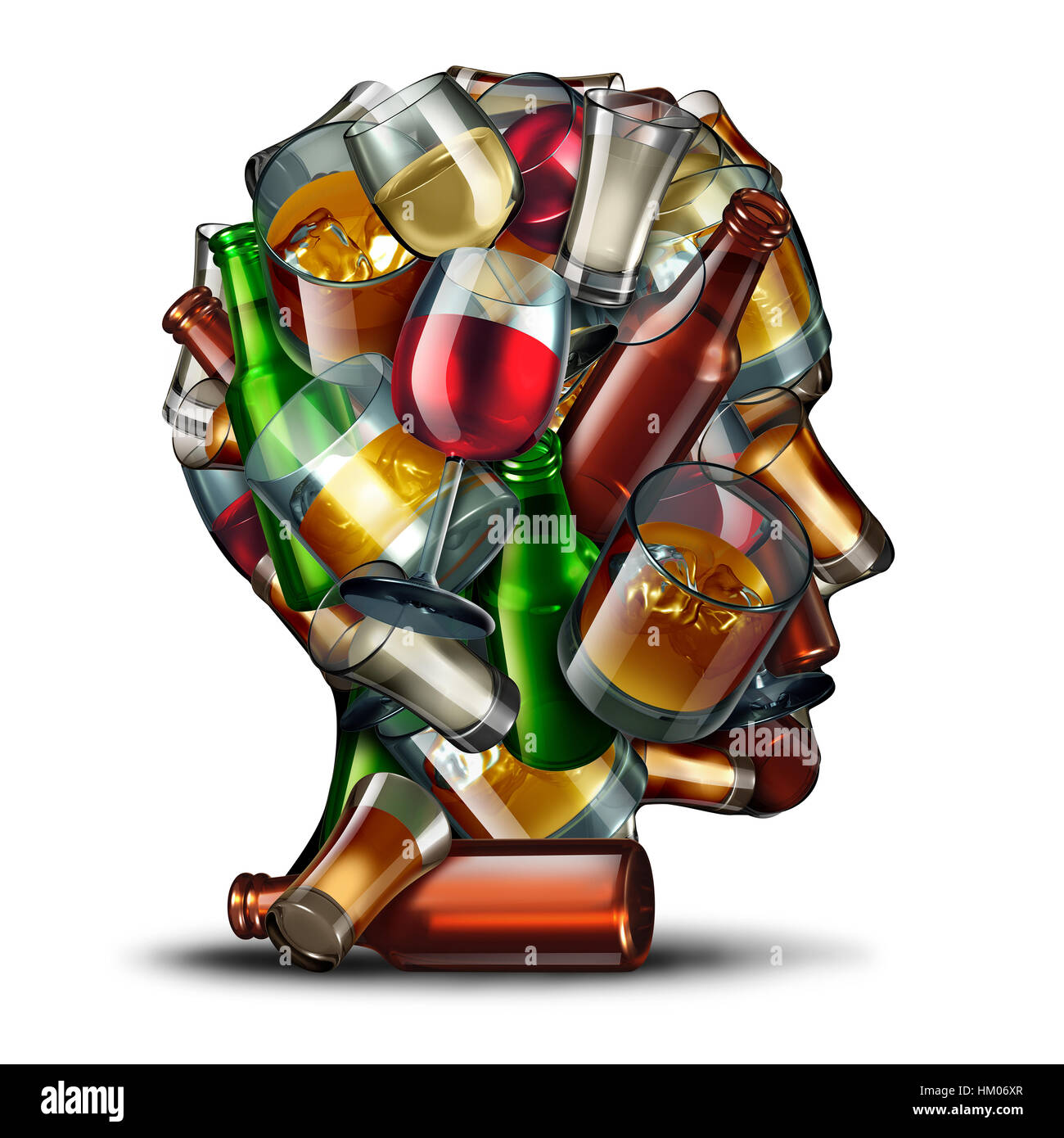 Alcohol psychology and alcoholism concept as a group of beer wine and hard liquor glasses shaped as a a human head as a symbol for an alcoholic disord Stock Photo