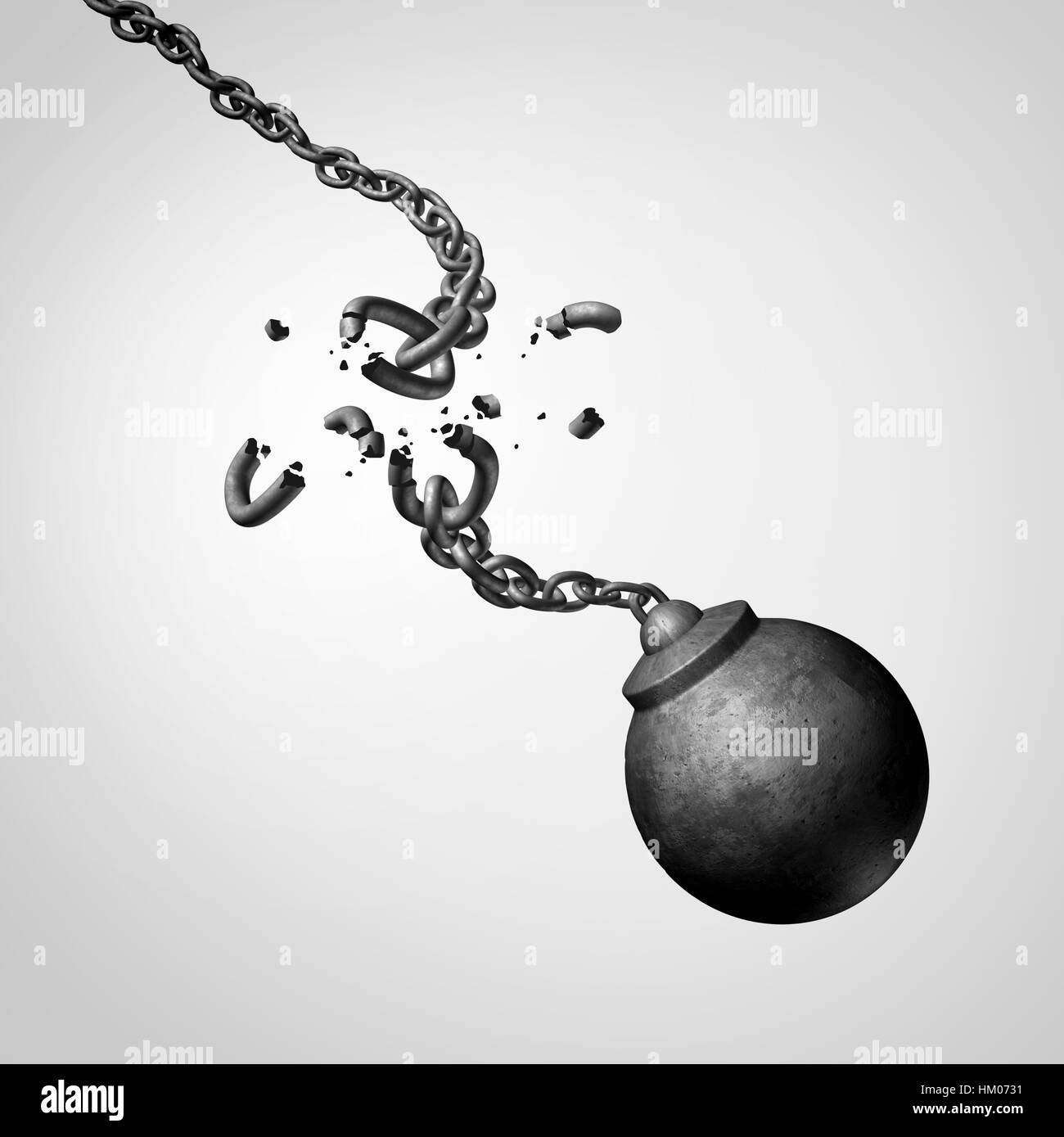 Chaos and risk business concept as a broken chain holding a falling dangerous wrecking ball as a volatility metaphor for erratic unpredictable. Stock Photo