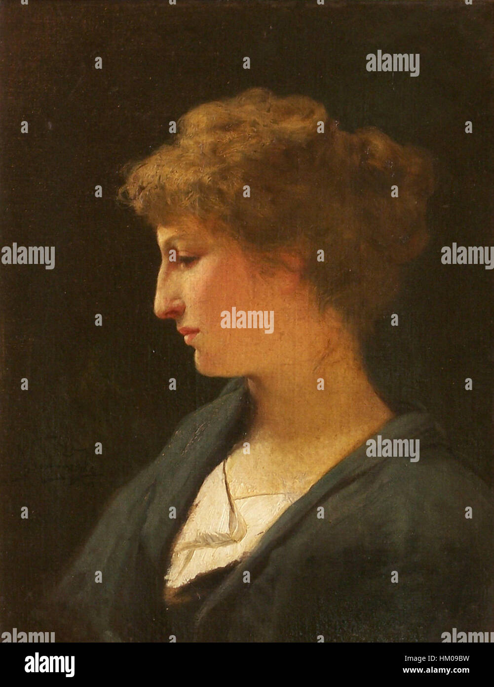 The painting 'Portret kobiety - Rzymianka' by Henryk Siemiradzki presents a detailed portrait of a woman in Roman attire. The artwork demonstrates Siemiradzki's skill in depicting historical figures with intricate detail and classical style. Stock Photo