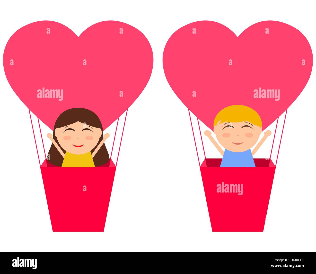 Boy and gerl sitting in hot air balloon in the shape of heart Stock Vector