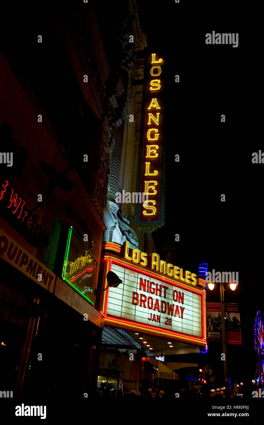 Neon sign marquee for the Los Angeles Theater on Broadway in downtown