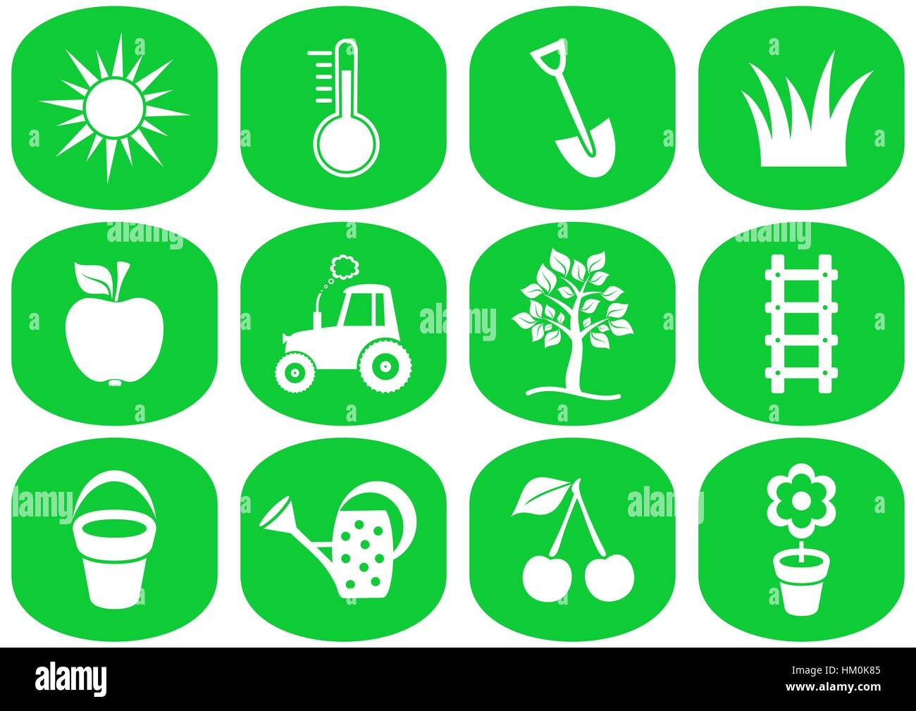 White vector gardening icons collection in green squares Stock Vector ...