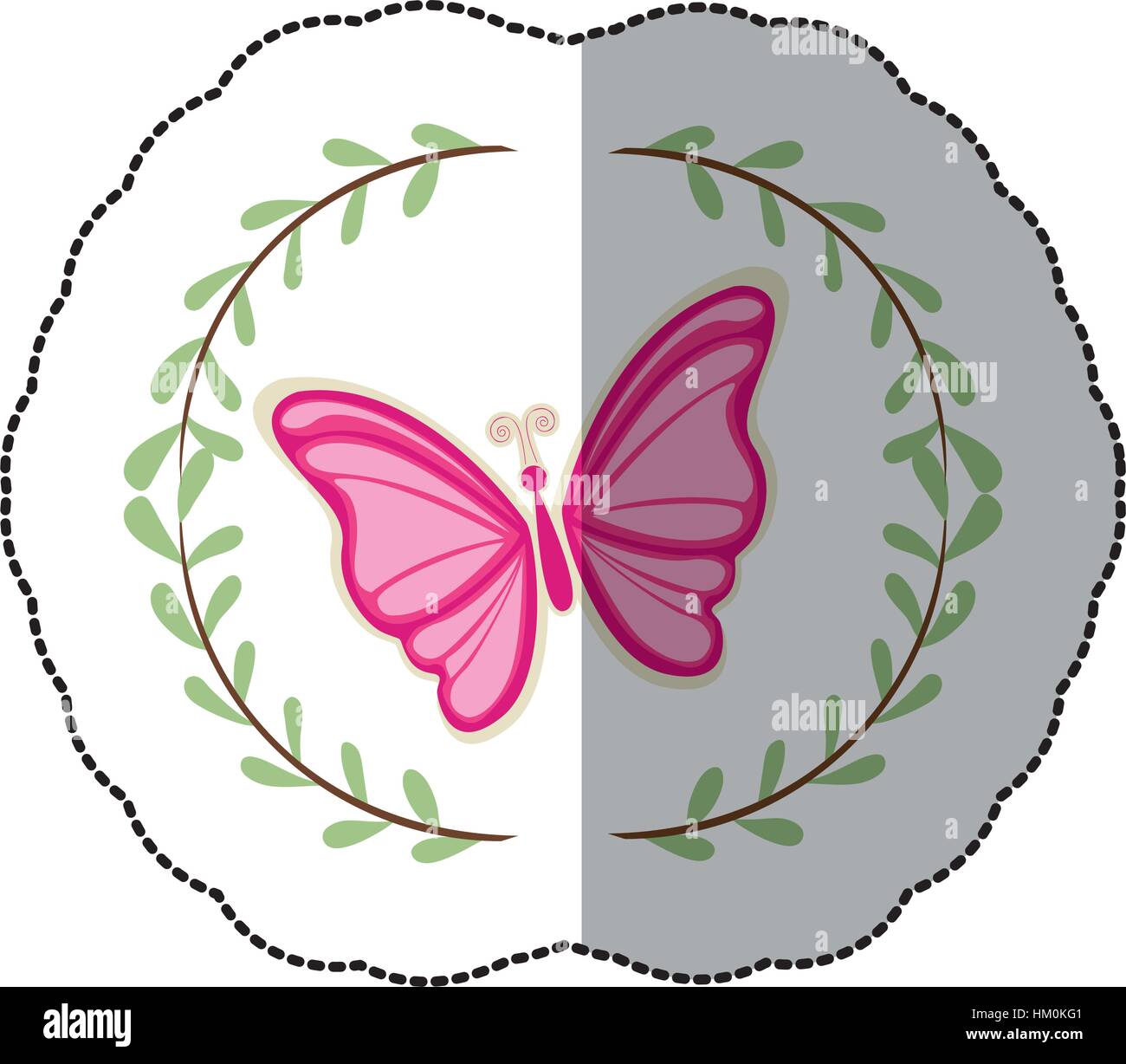 sticker arch of leaves with pink butterfly vector illustration Stock ...