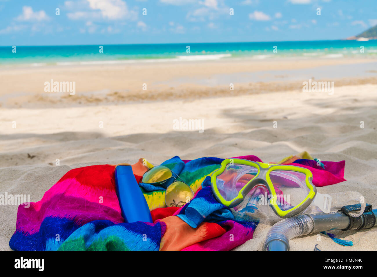 Scuba Diving Equipment On The White Sea Sand Beach Stock Photo - Alamy