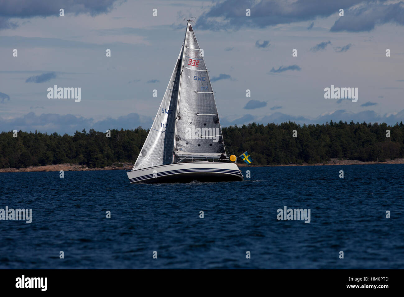 Big sailboat in the Swedish archipelago on a sunny summer day Stock Photo
