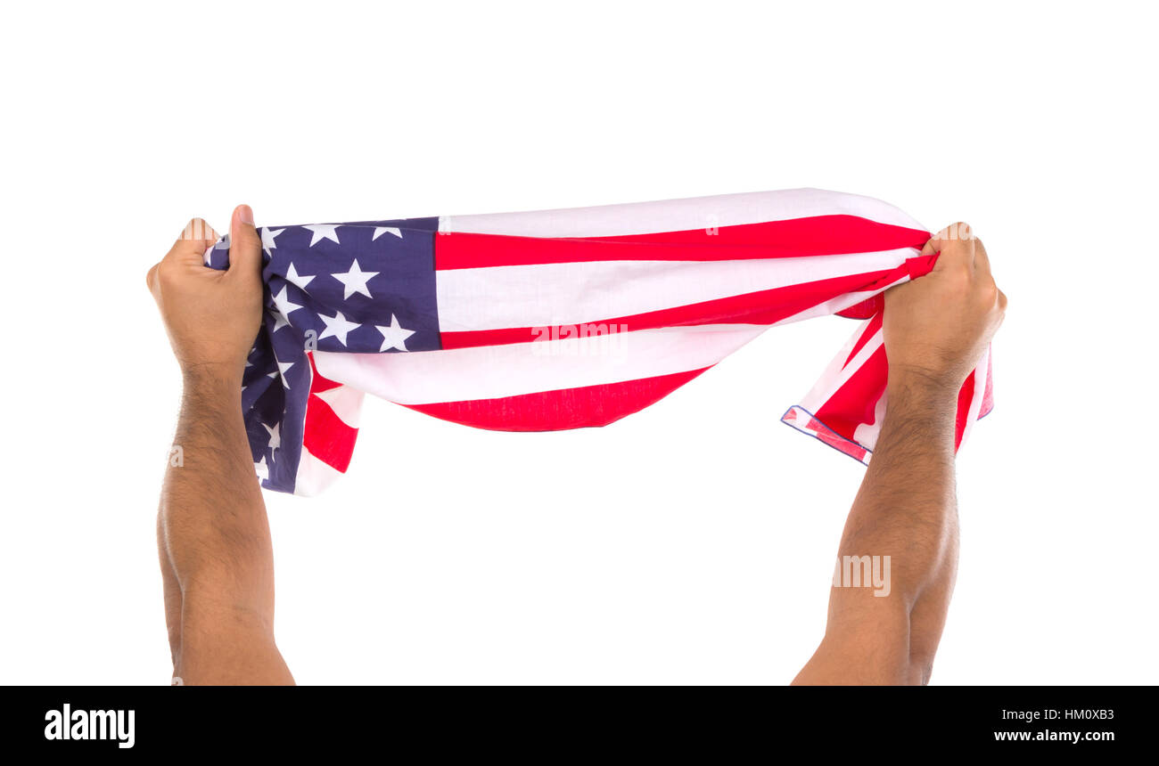 Hand holding American flag isolated on white background Stock Photo - Alamy