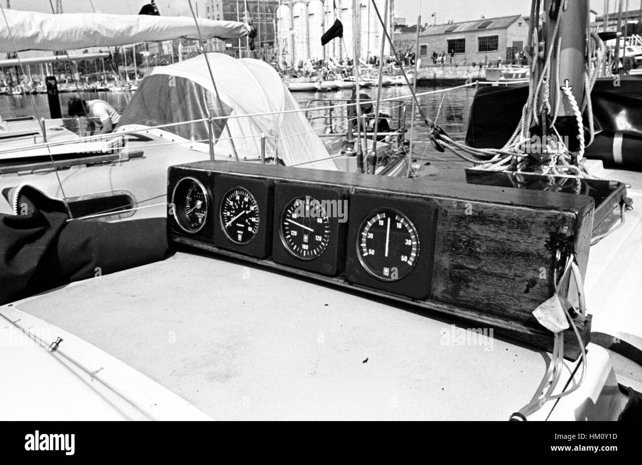 AJAXNETPHOTO. 5TH JUNE, 1976. PLYMOUTH, ENGLAND. - OSTAR 1976 - NAVIGATING INSTRUMENTS ON GERMAN ENTRY LILLIAM SKIPPERED BY KLAUS SCHRODT.   PHOTO:JONATHAN EASTLAND/AJAX REF:2760506 11A Stock Photo