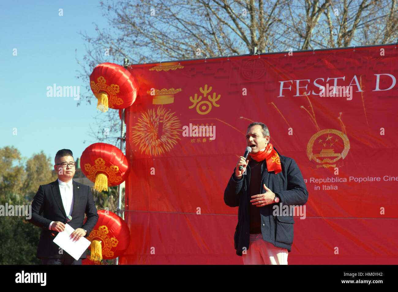 Naples, Italy, 29 january, 2017. Chinese community celebrates the beginning of 2017, the year of the rooster. The Mayor of Naples, Luigi de Magistris. Stock Photo