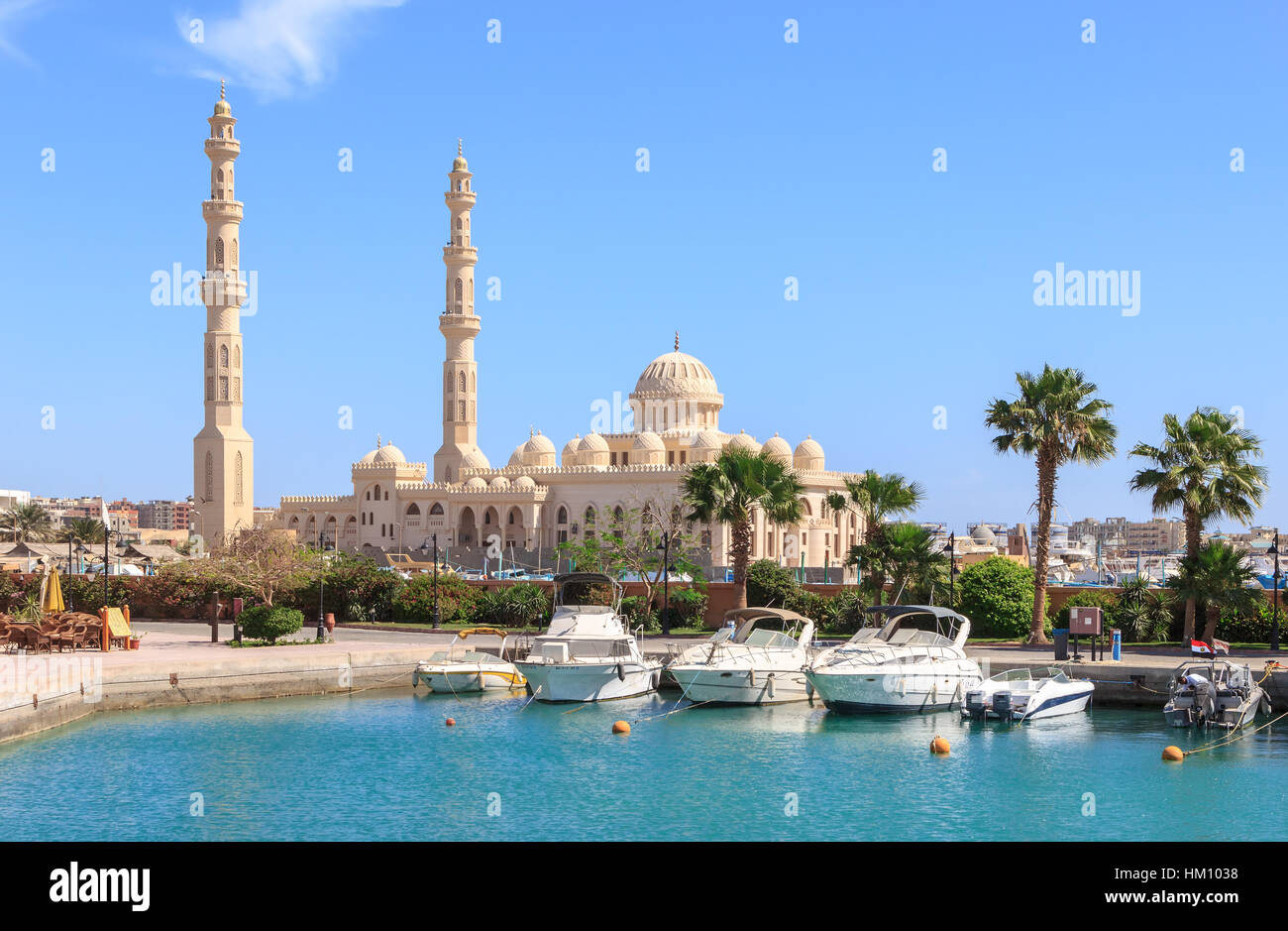 HURGHADA, EGYPT, APRIL 23, 2014: Mosque El Mina Masjid in Hurghada in sunny day, view from the sea. Stock Photo