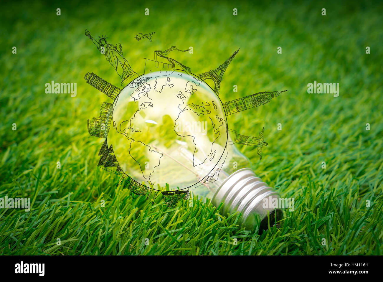 light bulb grow in the grass with travel place (Japan,France,Italy,New  York,India,egypt Stock Photo - Alamy