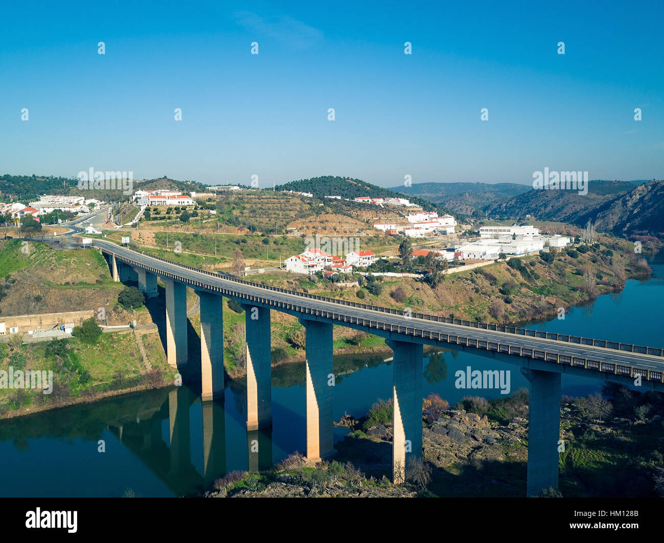 Aerial View modern bridge near Village Mertola, Portugal Stock Photo