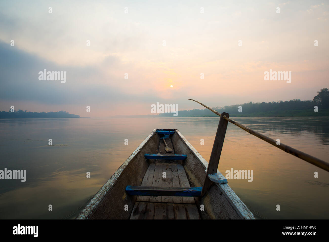 Morning of the lake with the boat Stock Photo - Alamy