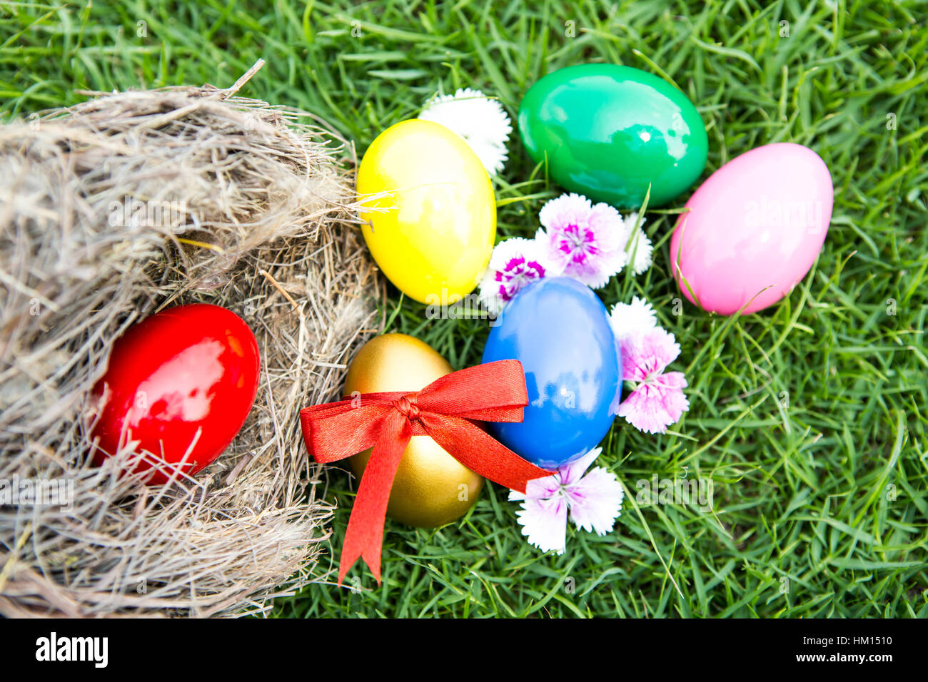 Easter eggs in nest on green grass Stock Photo - Alamy