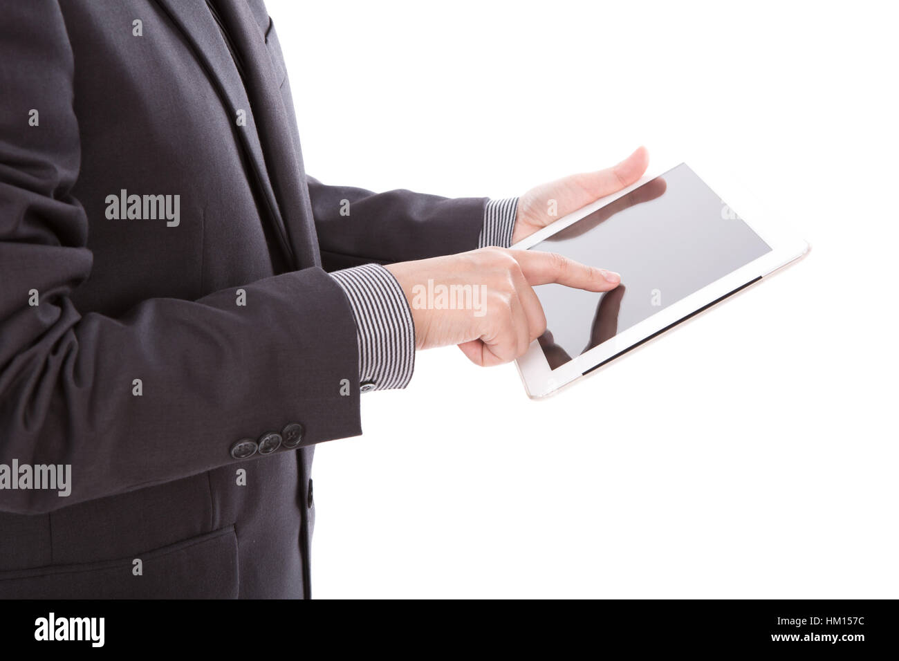 Business man using a touch screen device against white background Stock ...
