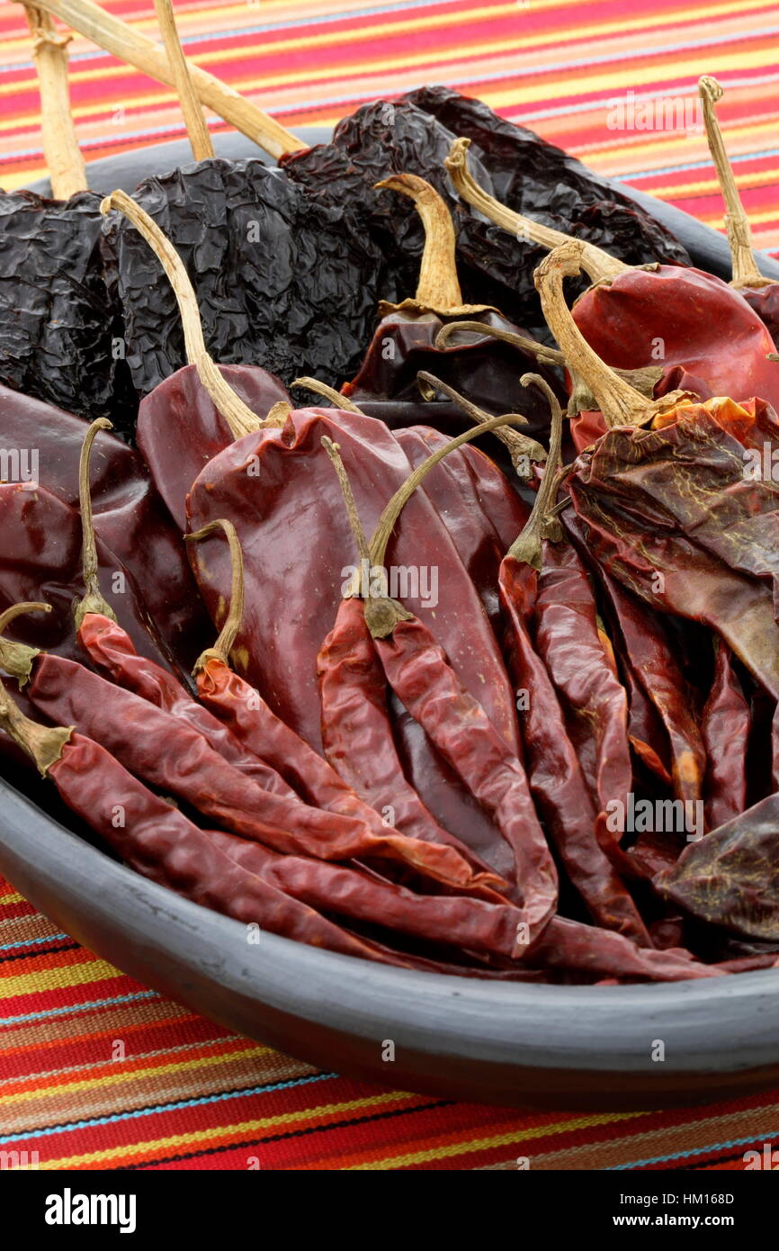 delicious dried chili peppers great for mexican food and fusion cuisine. these chili pods will leave a hot spicy and flavorful sensation to your favor Stock Photo