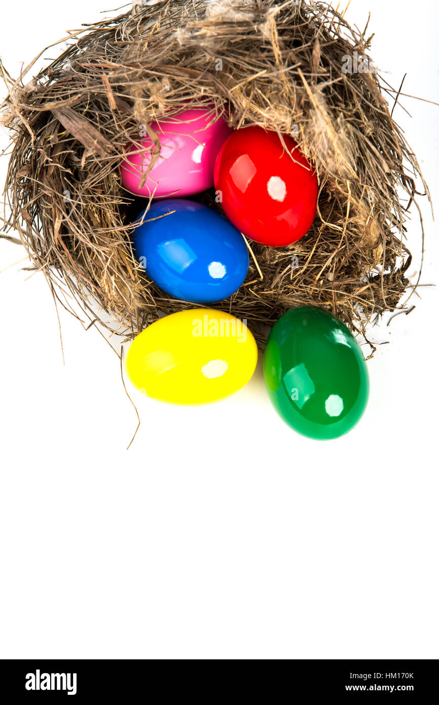 Colorful Easter eggs in a nest from branches on white background Stock ...