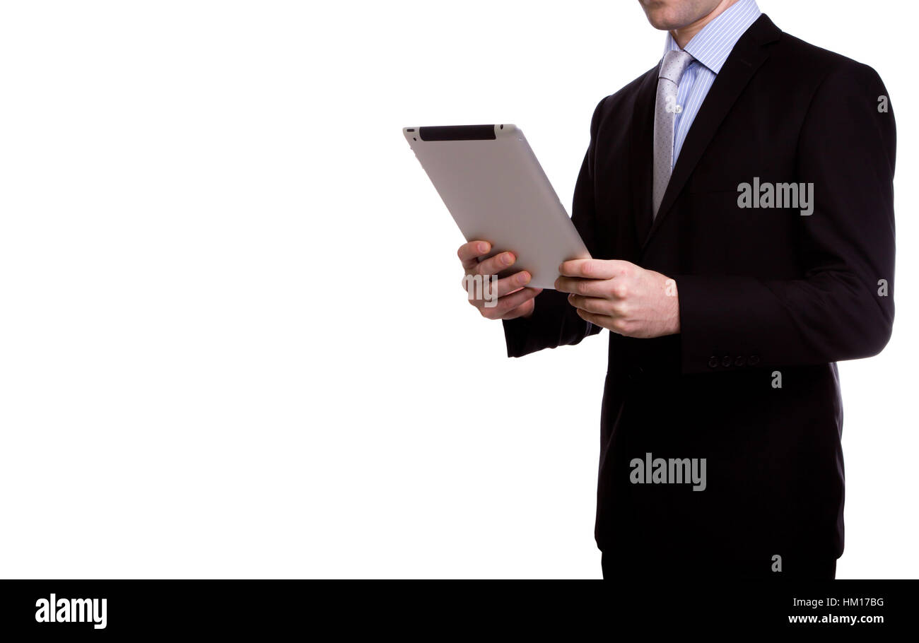 Portrait of young business man using a touch screen device against ...