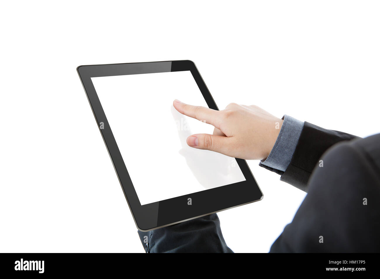 Business man using a touch screen device against white background Stock ...