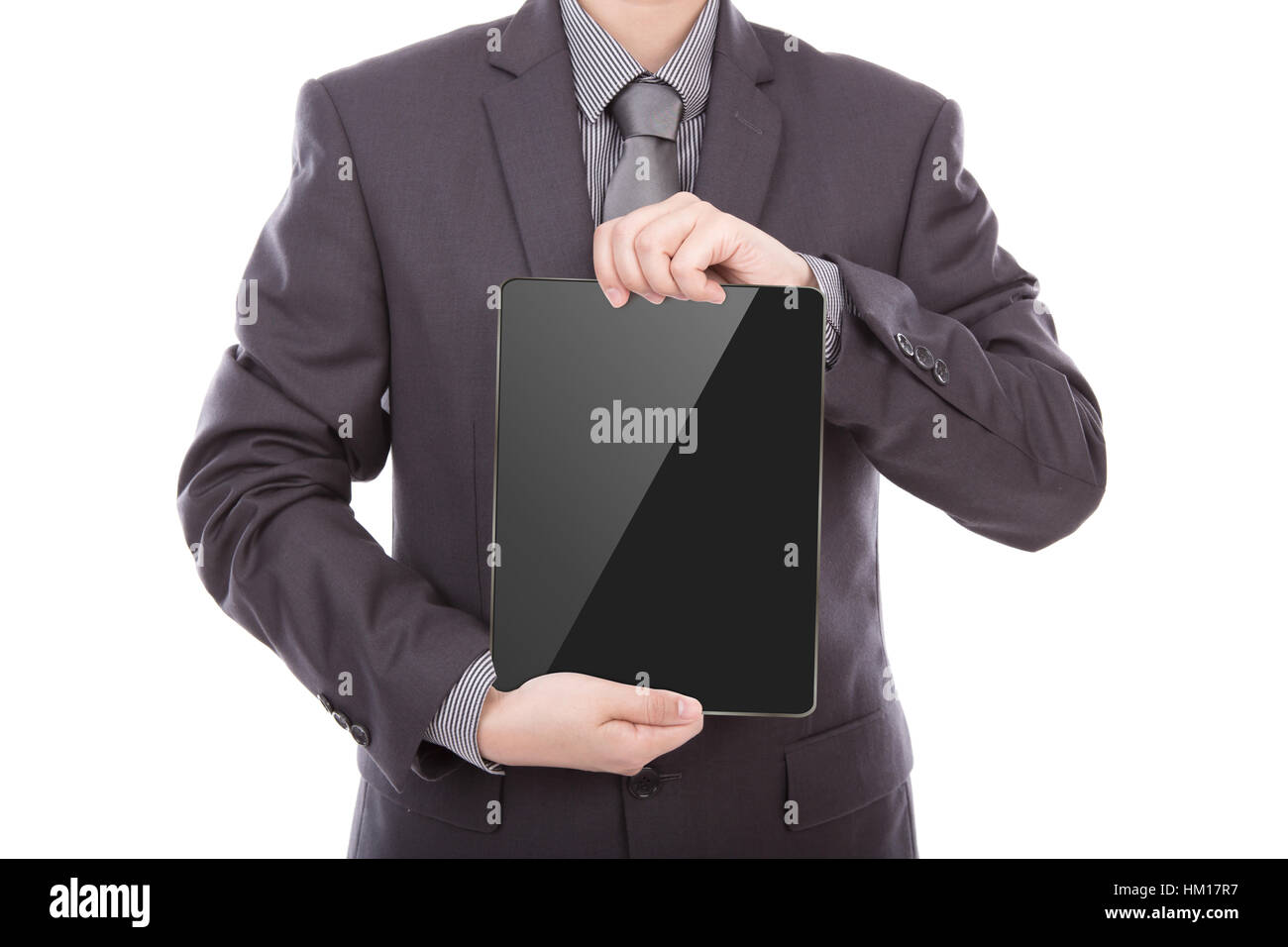 Business man using a touch screen device against white background Stock ...