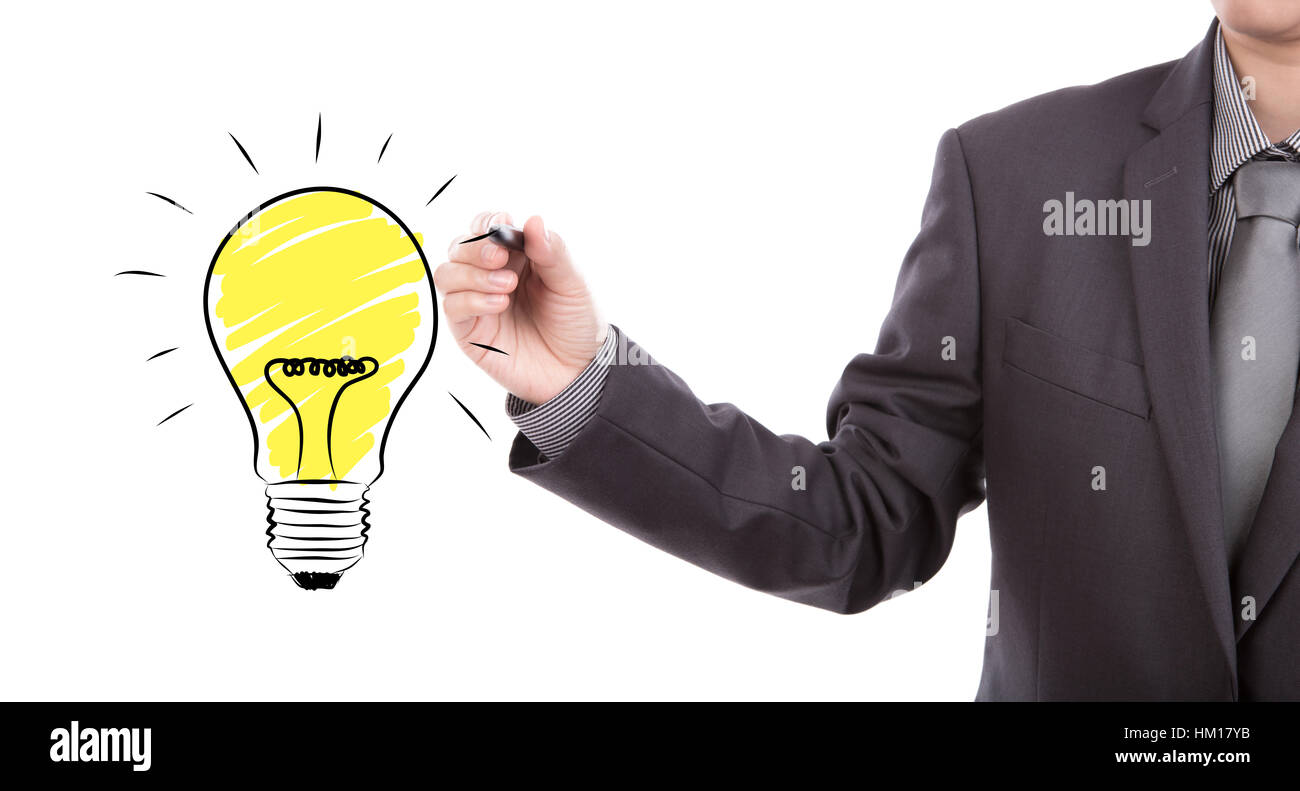 Business man hand drawing light bulb isolated on white Stock Photo - Alamy
