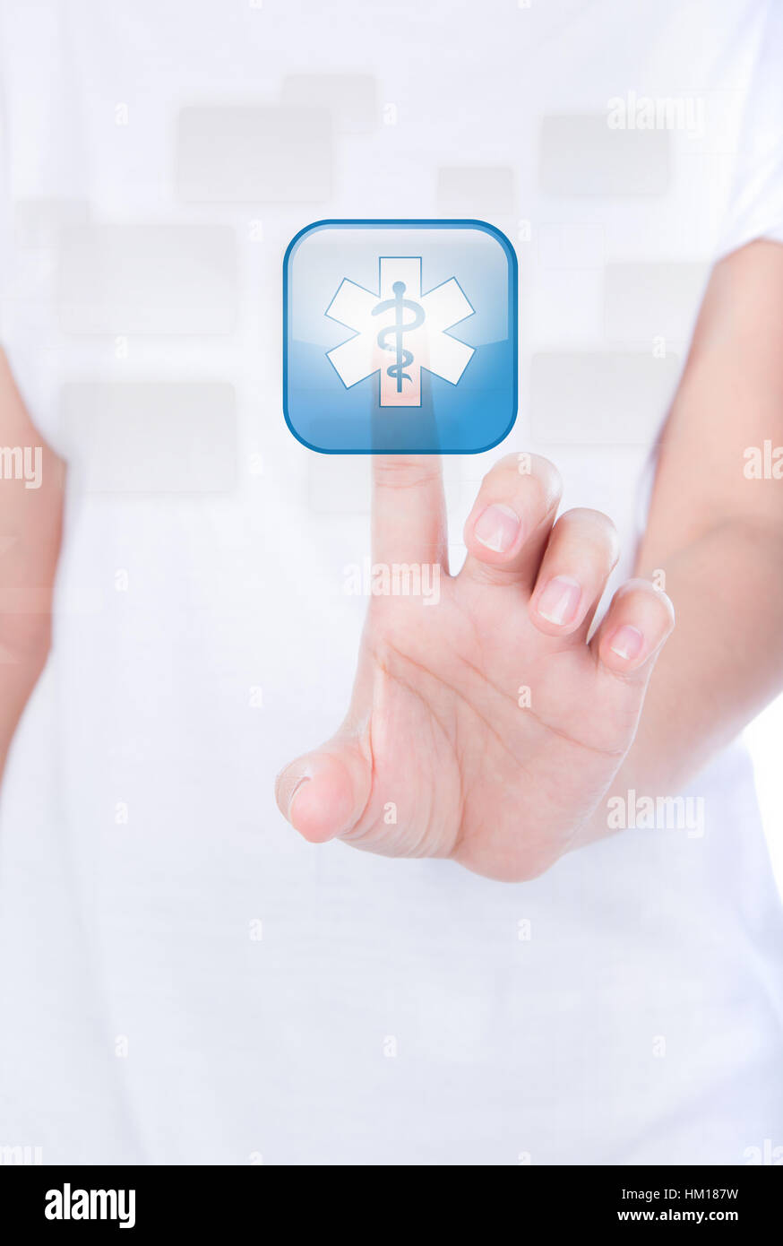 Woman hand simulating pressing a medical glossy button over body ...
