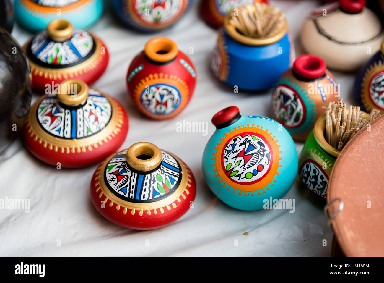 Beautiful handicrafts meant for decoration for sale at a shop. Stock Photo