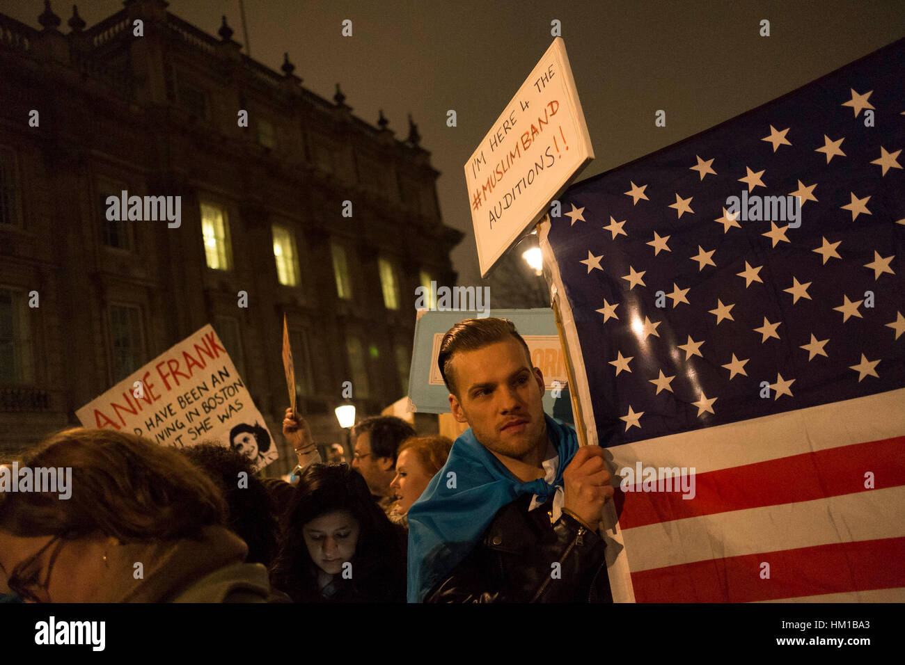 London, UK. 30th January, 2017. Demonstrators protest outside Downing Street against US President Donald Trump's ban on Muslims entering the US. The protesters also opposed British PM Theresa May's invitation to Trump for a state visit to the UK. Credit: Mike Abrahams/Alamy Live News Stock Photo