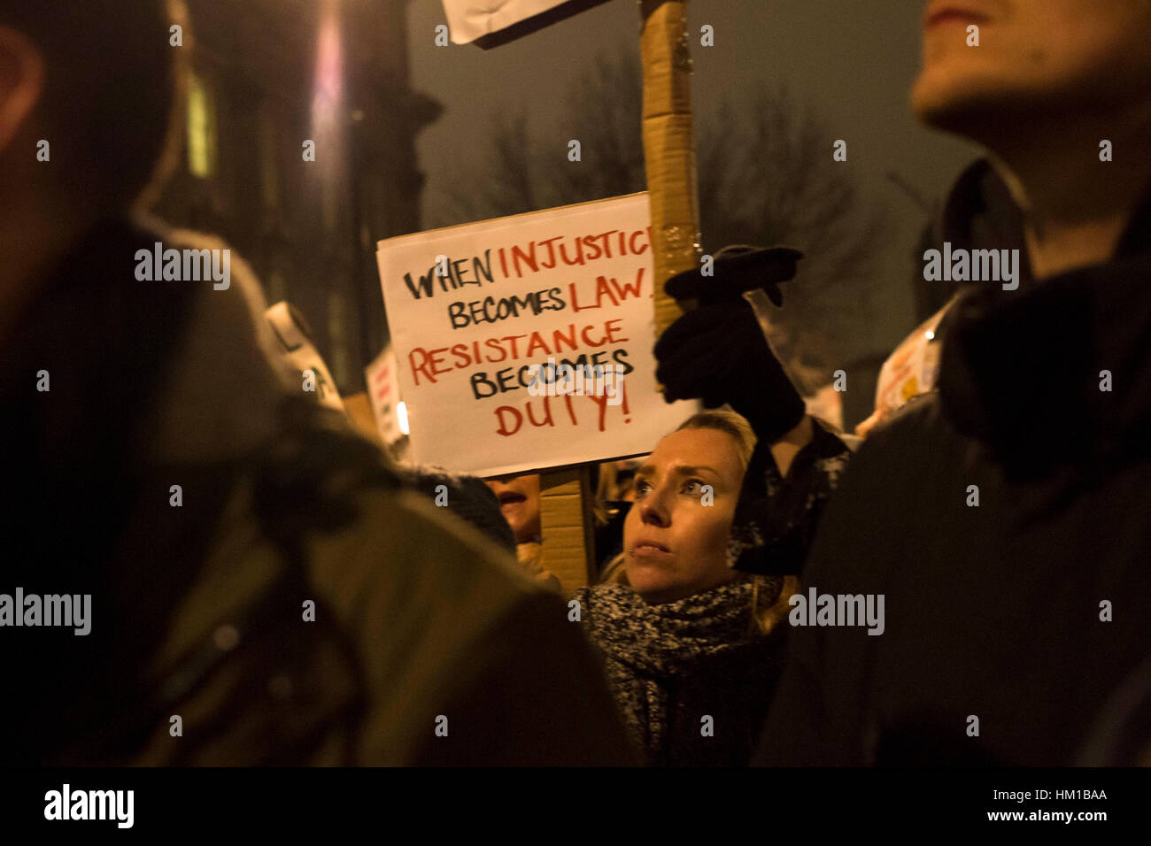 London, UK. 30th January, 2017. Demonstrators protest outside Downing Street against US President Donald Trump's ban on Muslims entering the US. The protesters also opposed British PM Theresa May's invitation to Trump for a state visit to the UK. Credit: Mike Abrahams/Alamy Live News Stock Photo