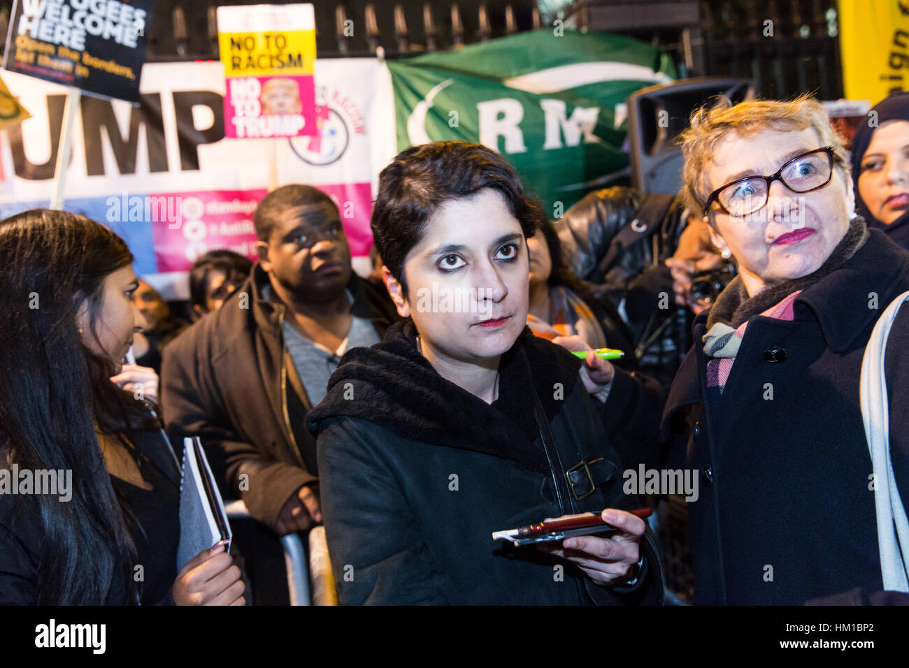 London, UK. 30th January, 2017. Thousands of people gather outside Downing Street to protest against the Muslim travel ban imposed by Donald Trump, US President,  and the lack of response by Theresa May,  UK Prime Minister.  Baroness Shami Chakrabarti. Credit Carol Moir/AlamyLiveNews Stock Photo
