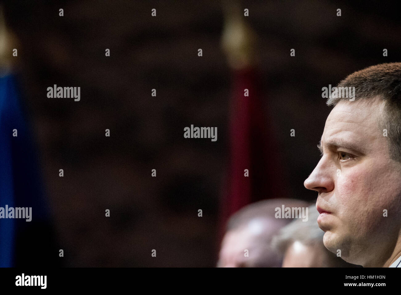 Tallinn, Estonia. 31st Jan, 2017. Estonian Prime Minister Juri Ratas looks on during a press conference after a meeting with Lithuanian Prime Minister Saulius Skvernelis (not pictured) and Latvian Prime Minister Maris Kucinskis (not pictured). Today in Tallinn the prime ministers of the three Baltic States signed the Rail Baltic Agreement, which according to Prime Minister Juri Ratas should become the foundation for more active economic and security cooperation of the three countries. Nicolas Bouvy/Alamy Live News Stock Photo