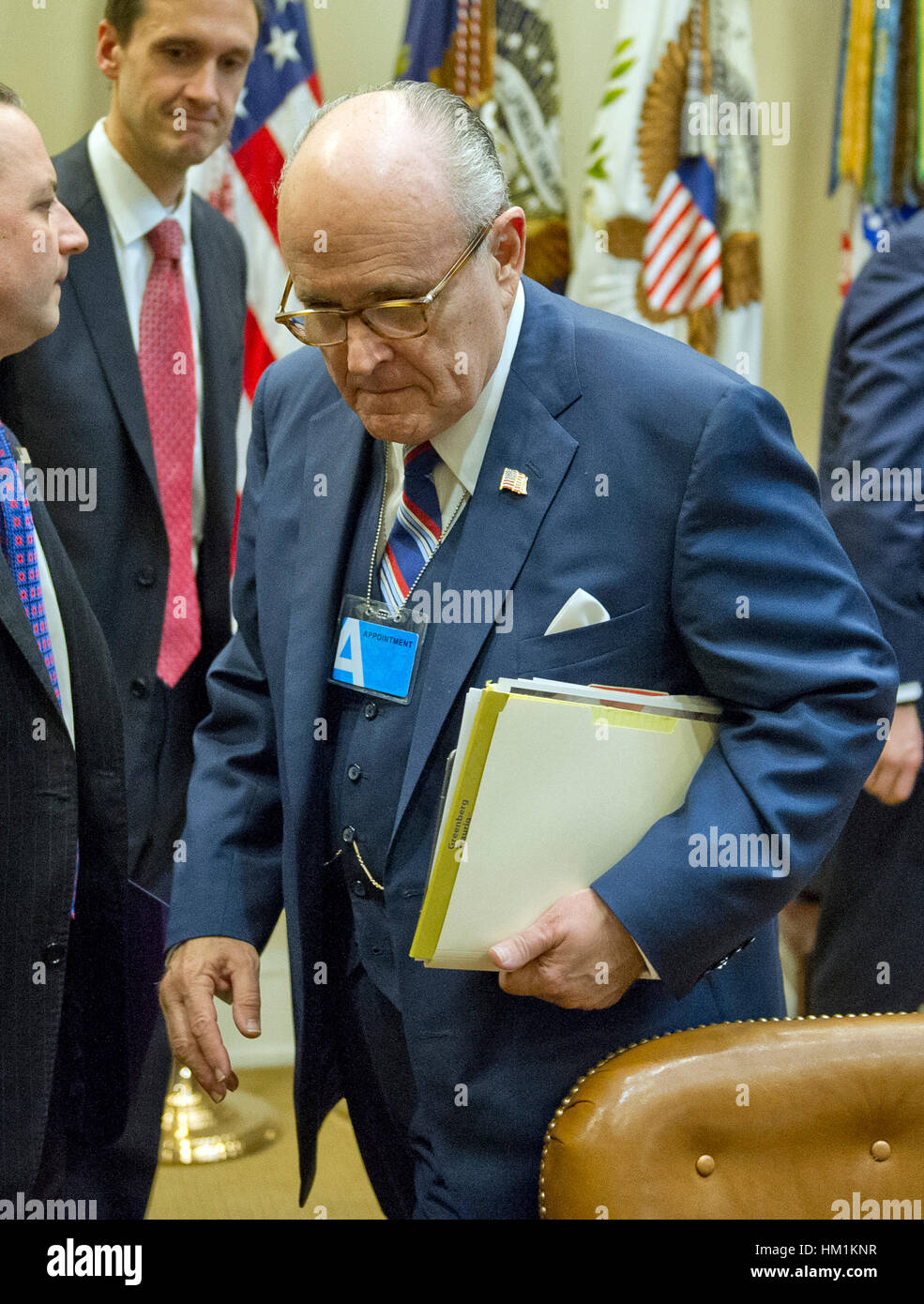 Former Mayor Rudy Giuliani (Republican of New York) arrives for the meeting as Washington, DC. 31st Jan, 2017. United States President Donald Trump holds a listening session with cyber security experts in the in the Roosevelt Room of the White House in Washington, DC. Credit: Ron Sachs/Pool via CNP /MediaPunch/Alamy Live News  Stock Photo
