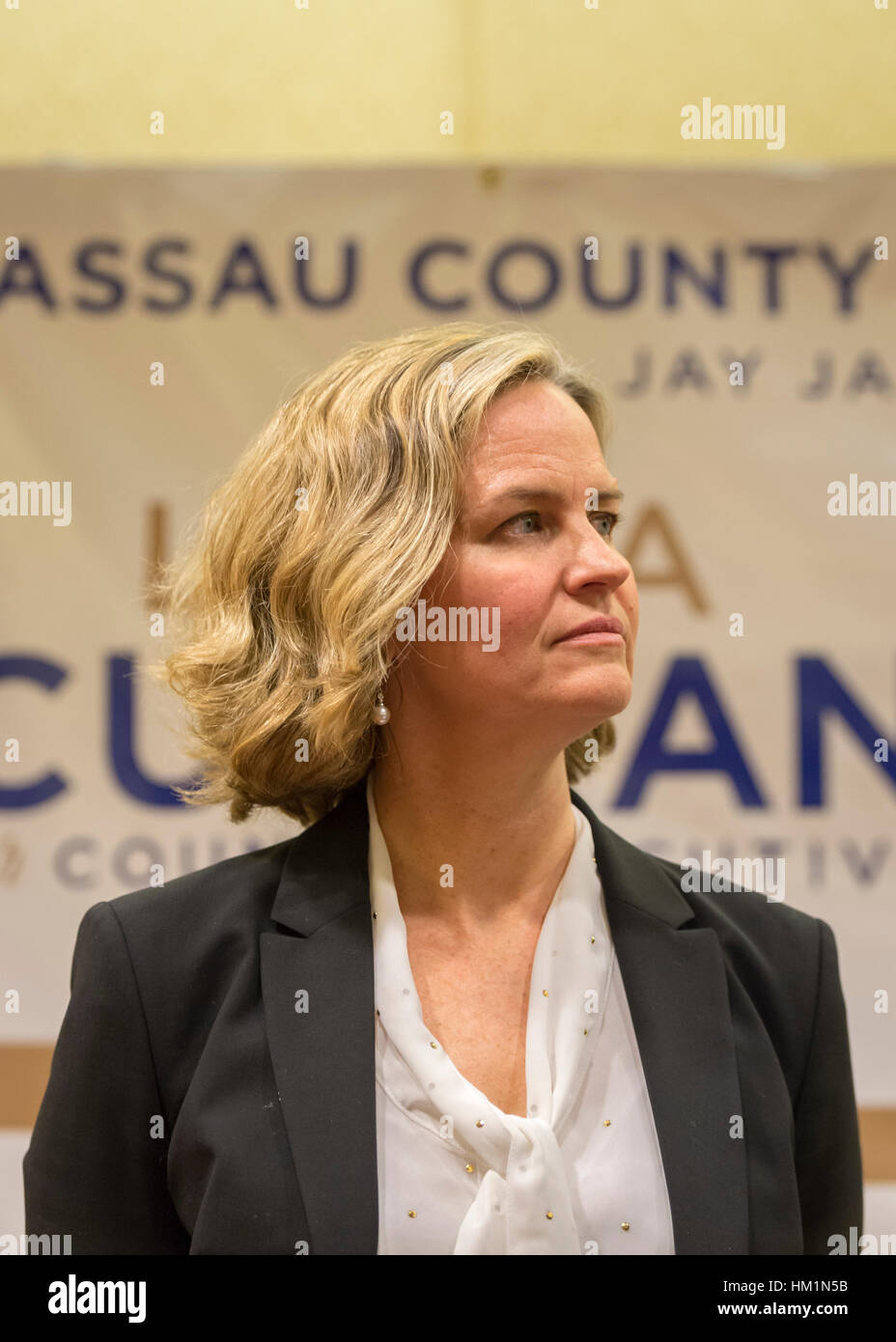 New York, USA. 30th Jan, 2017. Nassau County Legislator Laura Curran (D-Baldwin), 48, candidate for Nassau County Executive, receives endorsement from Democratic Party leaders. A primary is expected. Jay S. Jacobs, N. C. Democratic Committee Chairman, made the announcement backing Curren for County Exec and Jack Schnirman for County Comptroller. Curran is in her second term as Nassau County Legislator for 5th Legislative District. Credit: Ann E Parry/Alamy Live News Stock Photo