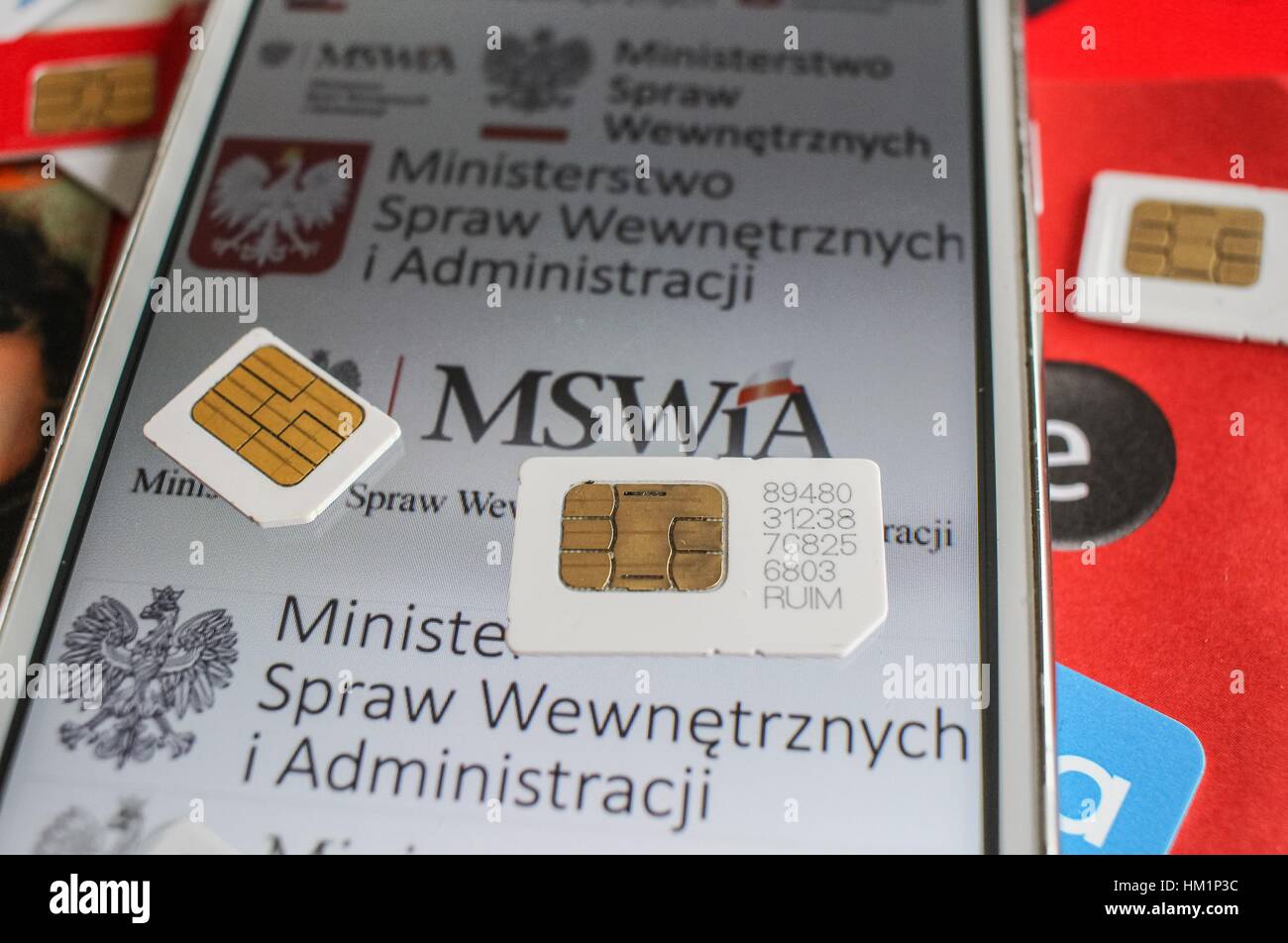 Gdansk, Poland. 01st Feb, 2017. Different types of Polish SIM cards are seen on 1 February 2017 in Gdynia, Poland. February 1st, is the last day that owners of pre-paid SIM cards in Poland have to comply with mandatory registration with their providers, before their service is cut off. The registration is the result of a law passed in 2016 requiring all mobile numbers to be linked with the identity of the owner, officialy to curb terrorism. Credit: Michal Fludra/Alamy Live News Stock Photo