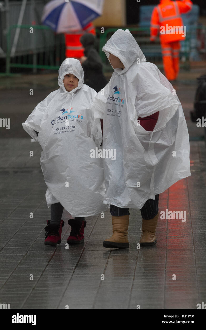 London, UK. 1st Feb, 2017. A family of tourists in Ponchos shelter from the rain on a wet day in London Credit: amer ghazzal/Alamy Live News Stock Photo