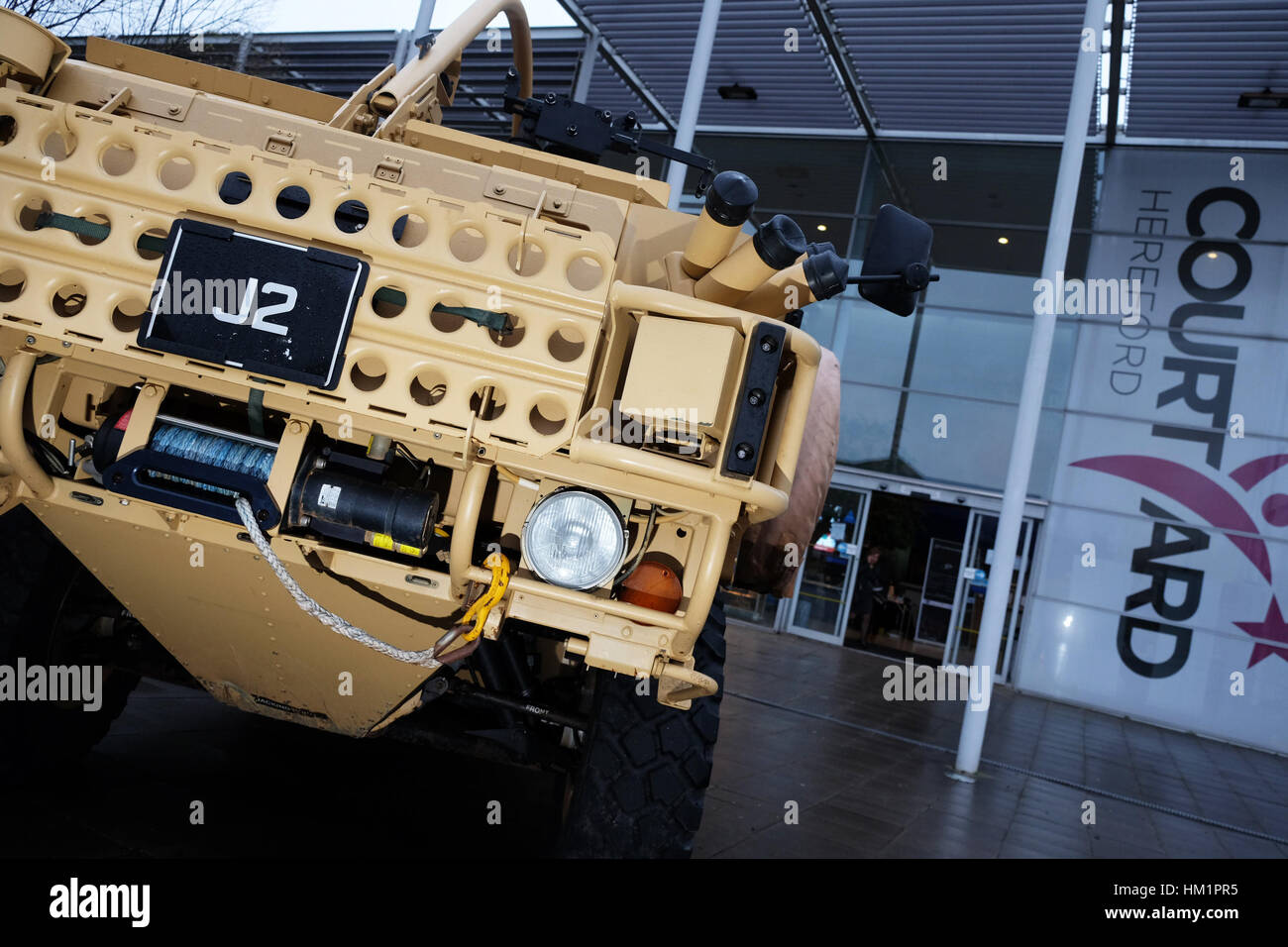 Hereford, UK. 1st February 2017. A Supacat HMT fighting vehicle on display outside the  Herefordshire Defence and Security Expo ( HDSE ) event held at The Courtyard community arts centre. The event features exhibitors and speakers from the defence industry among them QinetiQ, the Ministry of Defence and the Department of International Trade. Photograph Steven May / Alamy Live News Stock Photo