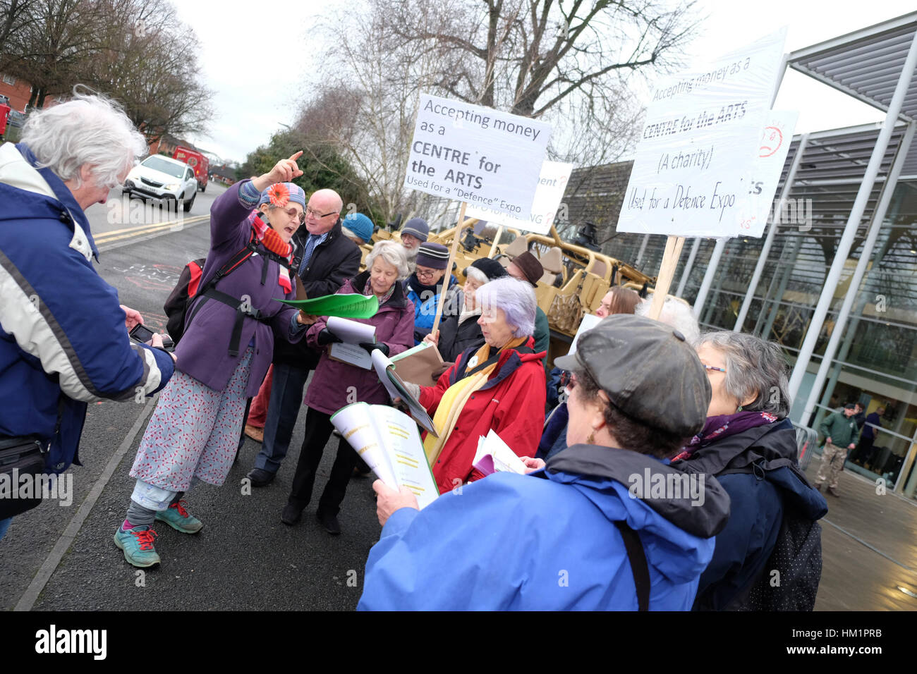 Hereford, UK. 1st February 2017. Protesters demonstrate outside the Herefordshire Defence and Security Expo ( HDSE ) event held at The Courtyard arts centre. The event features exhibitors and speakers from the defence industry among them QinetiQ, the Ministry of Defence and the Department of International Trade. The protesters included local Quakers and members of the Campaign Against Arms Trade ( CAAT ). Photograph Steven May / Alamy Live News Stock Photo