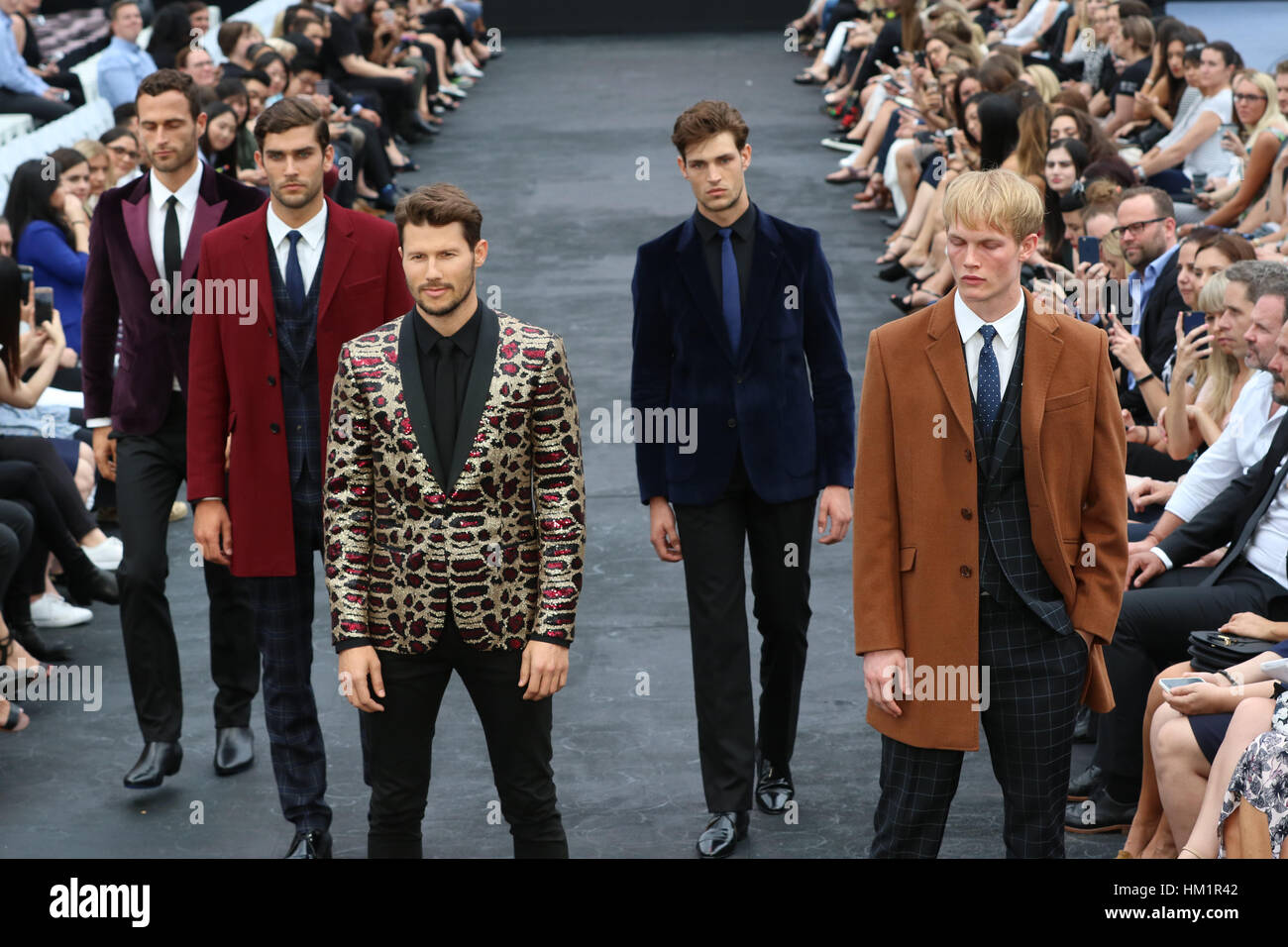 Sydney, Australia. 1st Feb, 2017. David Jones Autumn Winter 2017 collections launch rehearsal at St Mary's Cathedral Precinct. Pictured: Jason Dundas and models showcase designs by Jack London. Credit: Richard Milnes/Alamy Live News Stock Photo