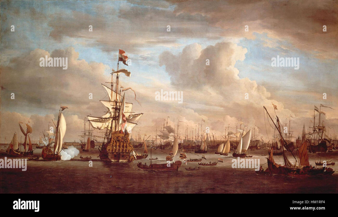 The IJ Gouden Leeuw, a ship from the early 1700s, represents an important piece of maritime history. This artwork showcases the vessel, which was part of naval history, highlighting its design and significance in the context of early naval warfare and trade. Stock Photo