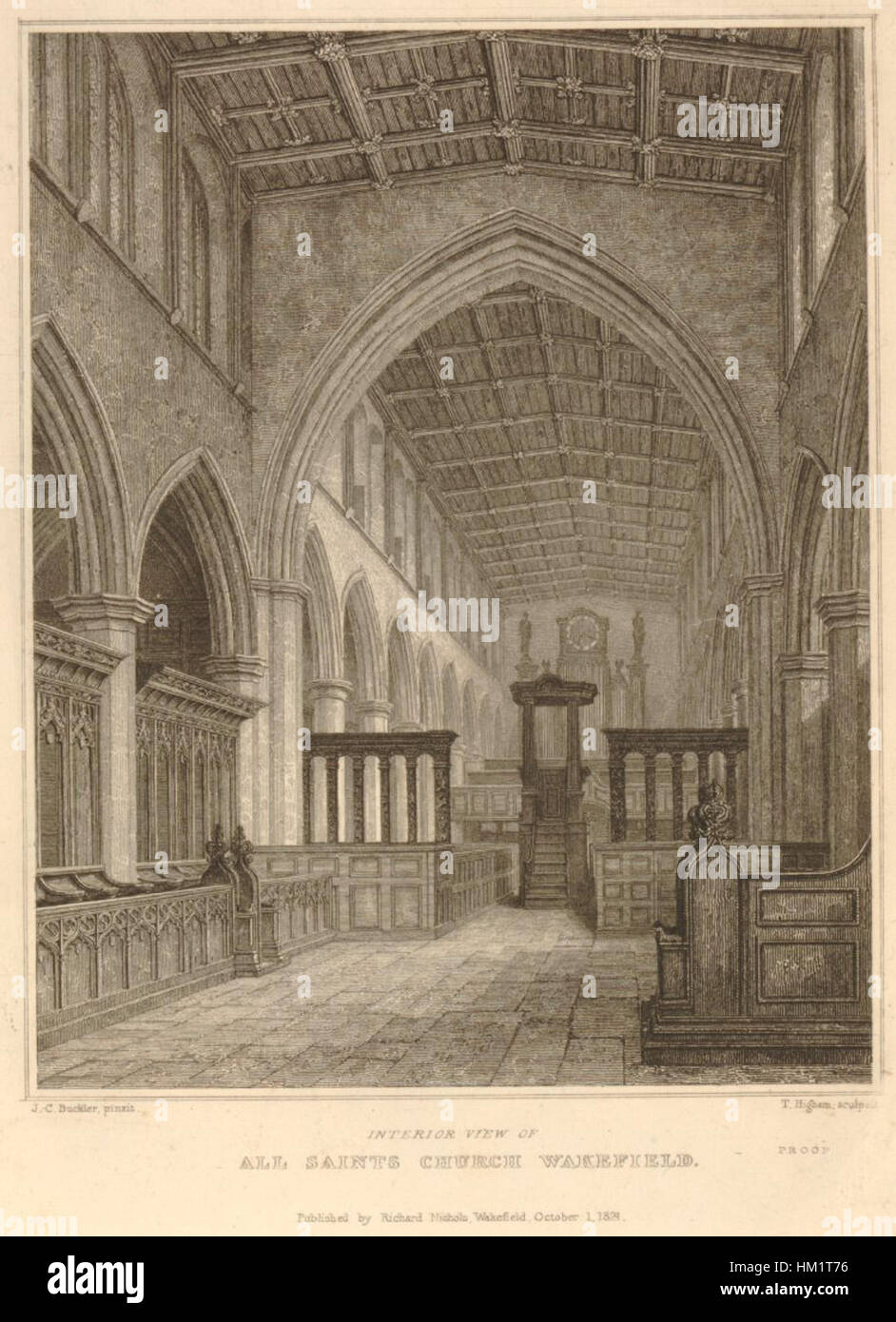 This interior view of All Saints Church in Wakefield, painted by Thomas Higham, highlights the architecture and sacred space of the church, focusing on its design and spiritual atmosphere. Stock Photo