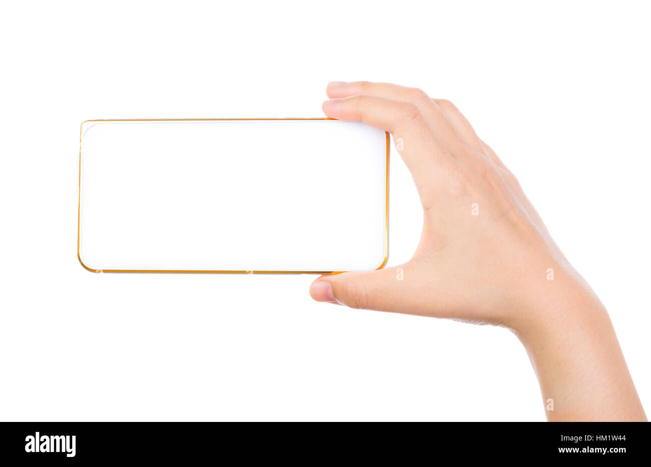 Female hand holding gold mobile phone smartphone mockups with blank ...