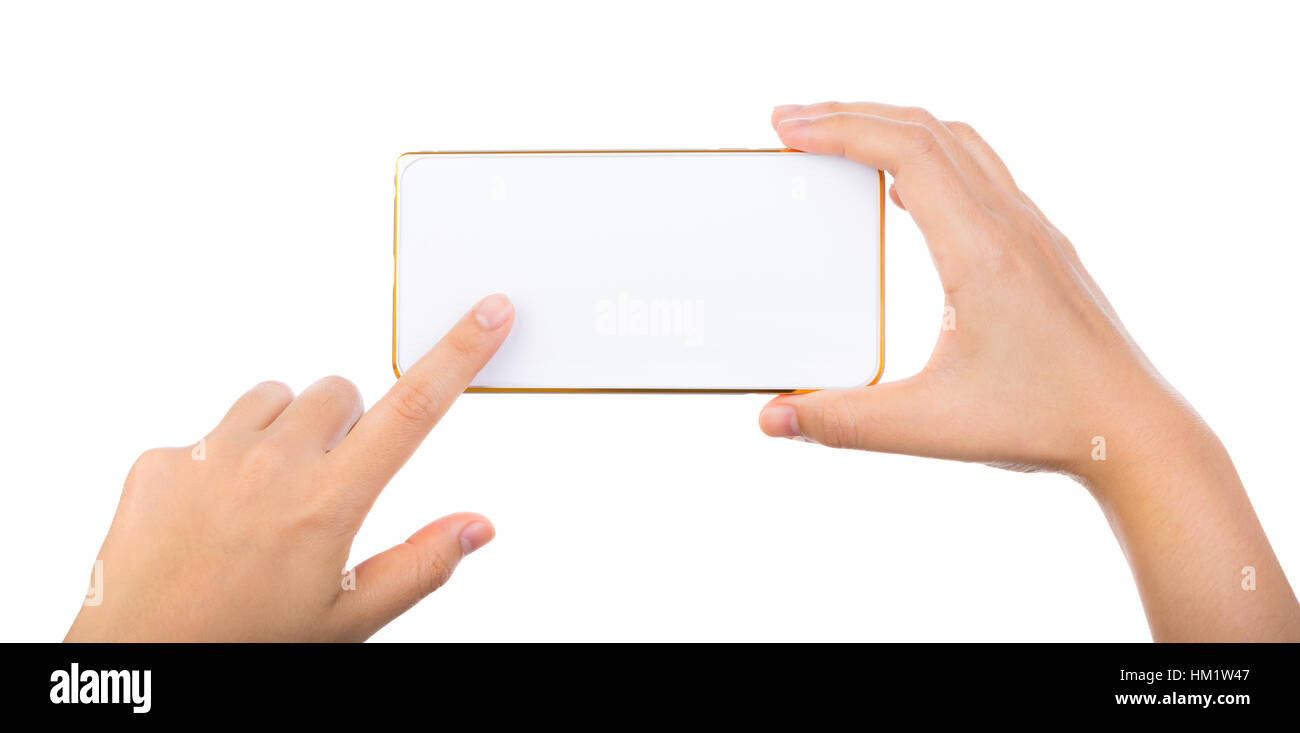 Female hand holding gold mobile phone smartphone mock up with blank ...