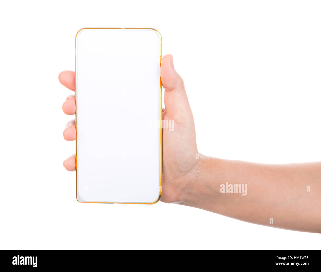 Female hand holding gold mobile phone smartphone mock up with blank ...