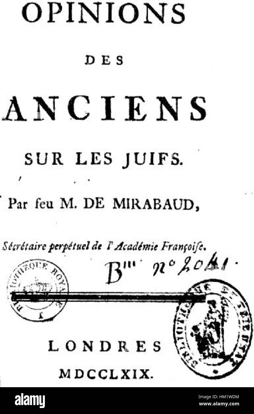 Jean Baptiste de Mirabaud - Opinions des Anciens sur les Juifs Stock Photo
