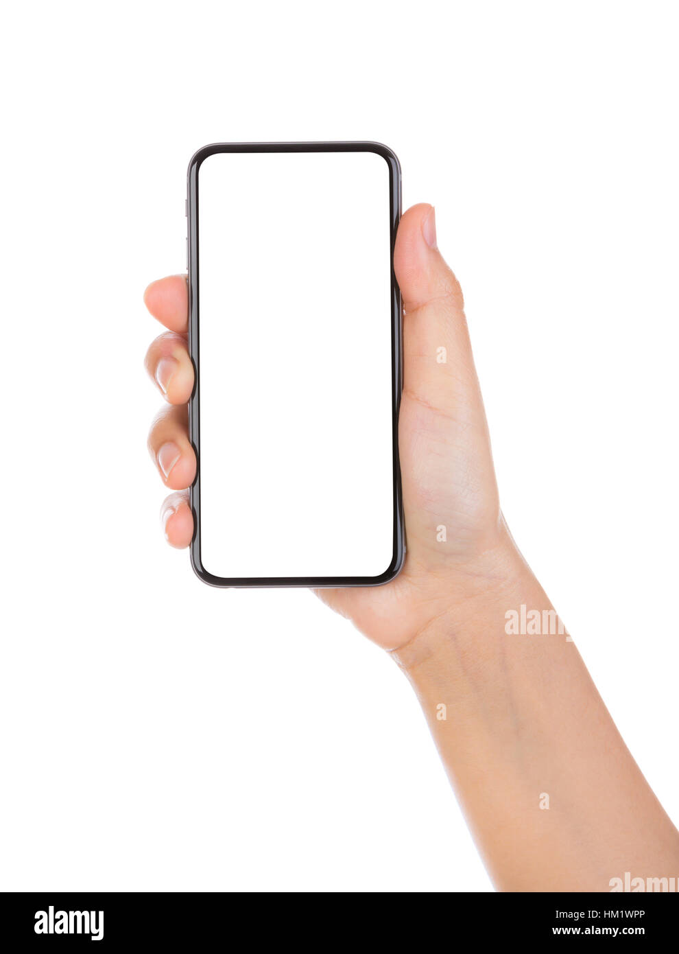 Hand holding mobile smart phone with blank screen Isolated on white ...
