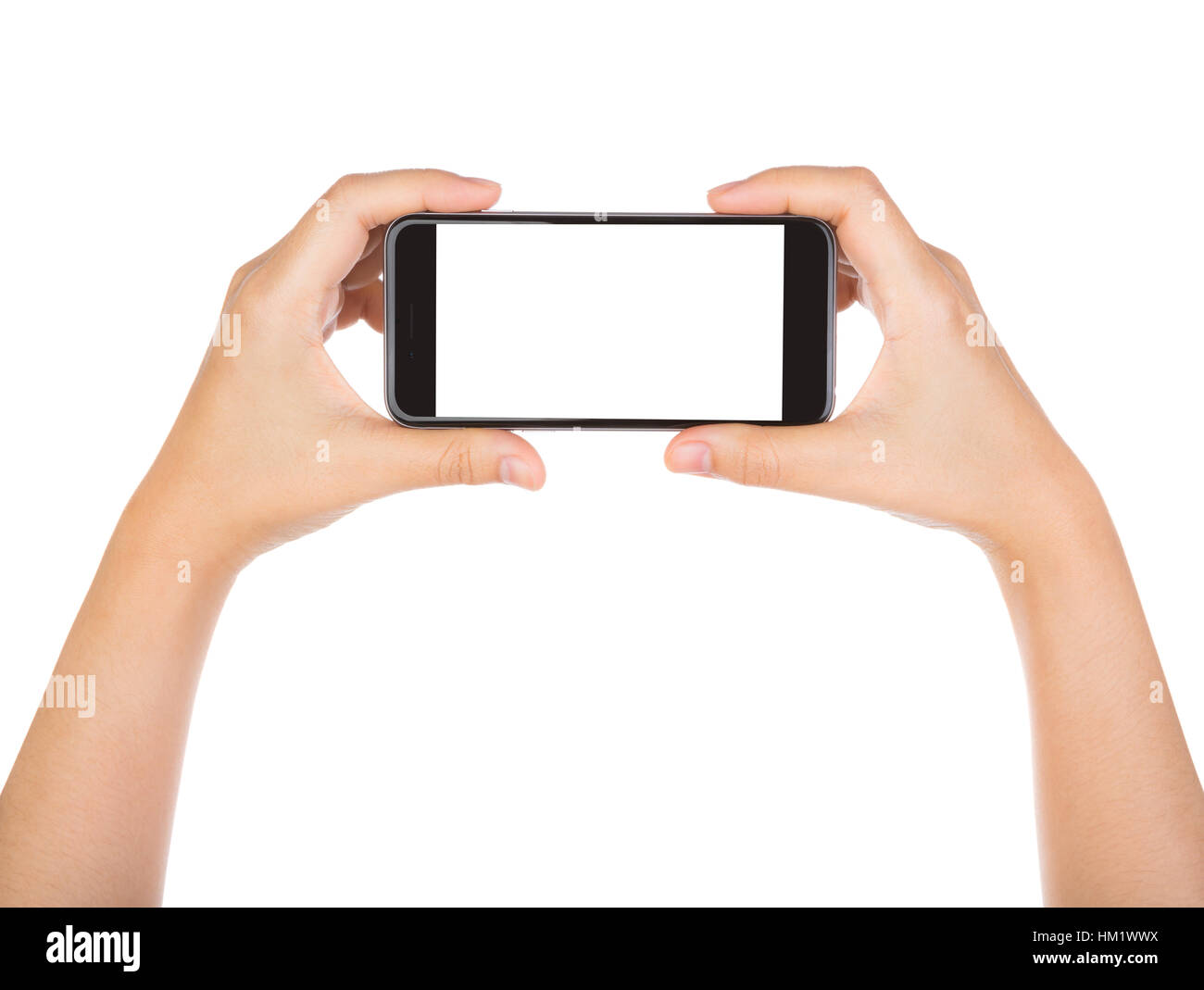 Hand holding mobile smart phone with blank screen Isolated on white ...