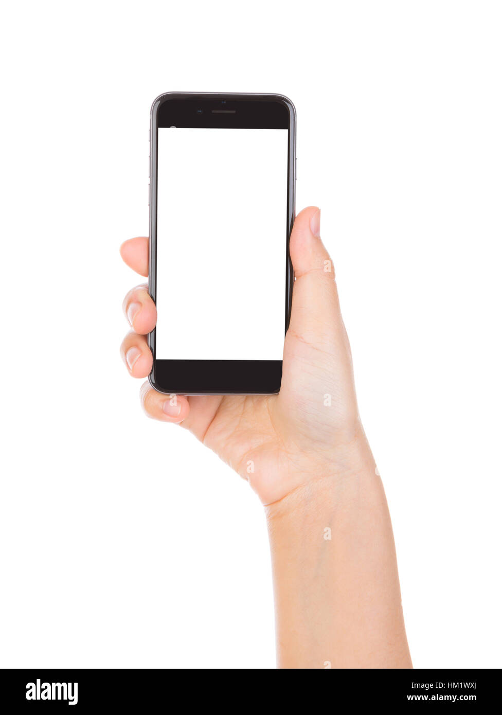 Hand holding mobile smart phone with blank screen Isolated on white ...