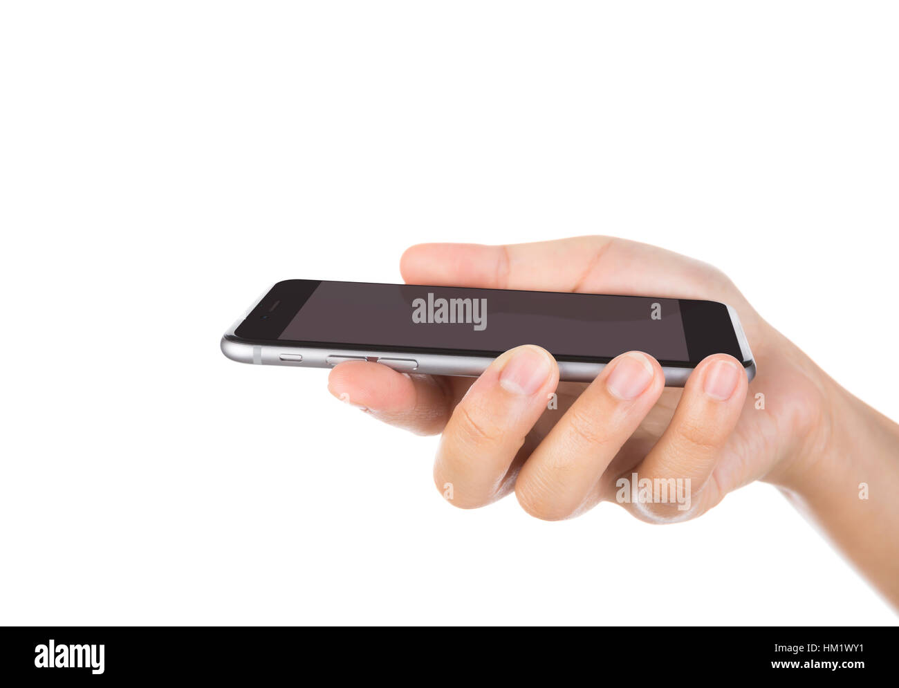 Hand holding mobile smart phone with blank screen Isolated on white ...