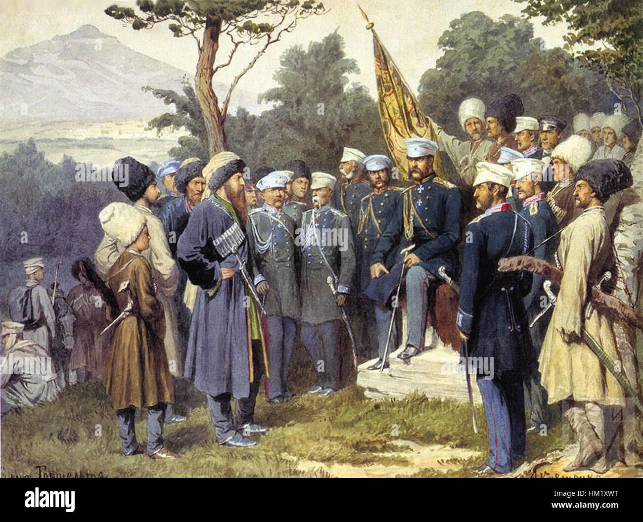 Imam Shamil surrendered to Count Baryatinsky on August 25, 1859 by Kivshenko, Alexei Danilovich Stock Photo