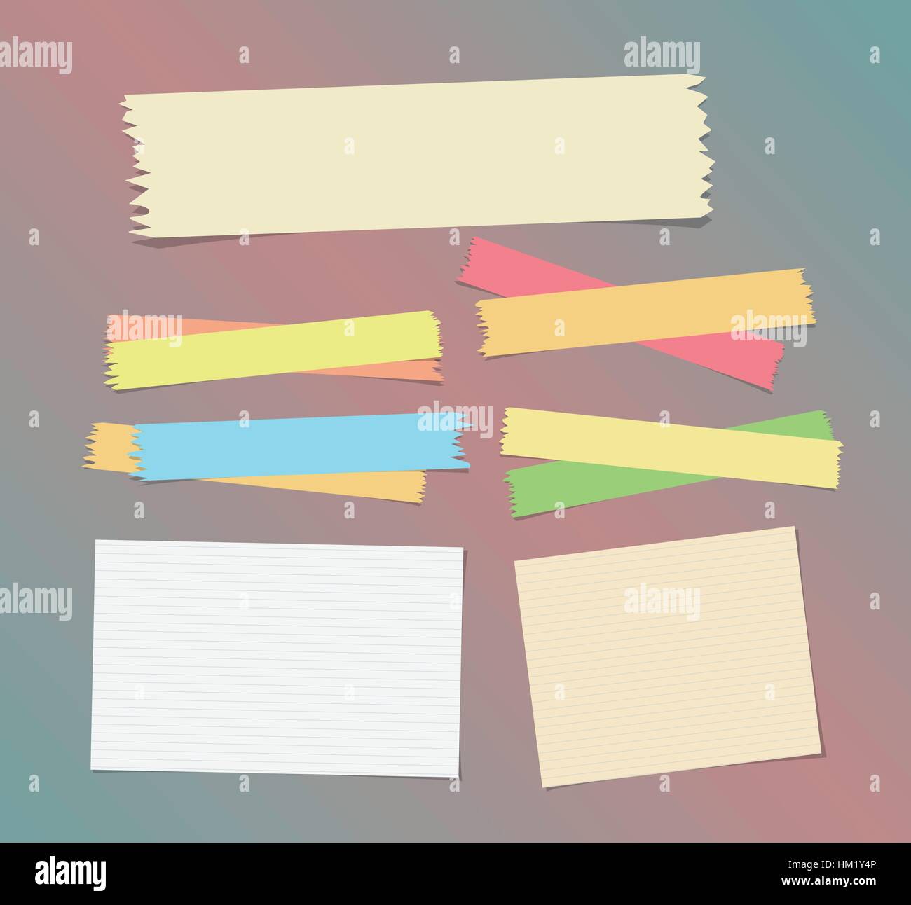 Sticky, adhesive masking tape, ruled note paper stuck on colorful